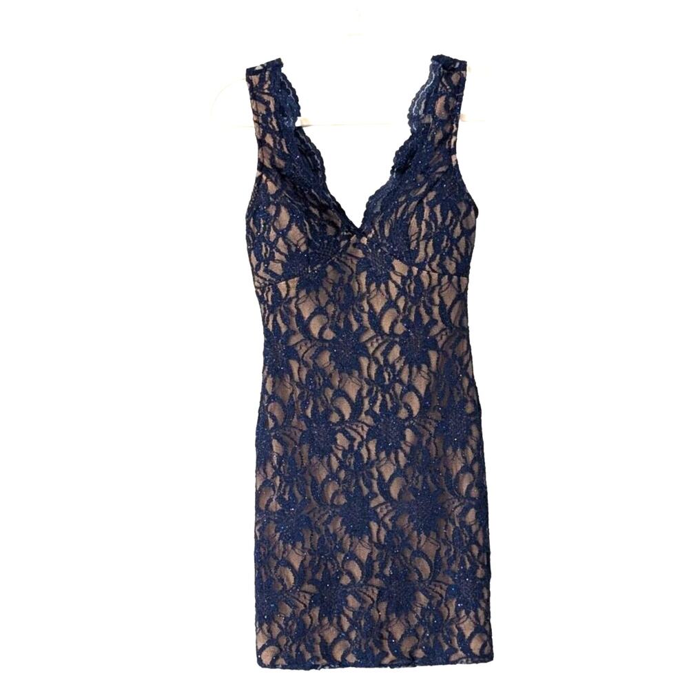 Jodi Kristopher Navy Lace Cocktail Dress Size 3 V-Neck Bodycon Party Elegant